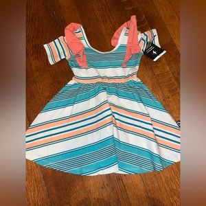 Rags to Raches shirt sleeve ruffle shoulder teal aqua coral striped dress nwt